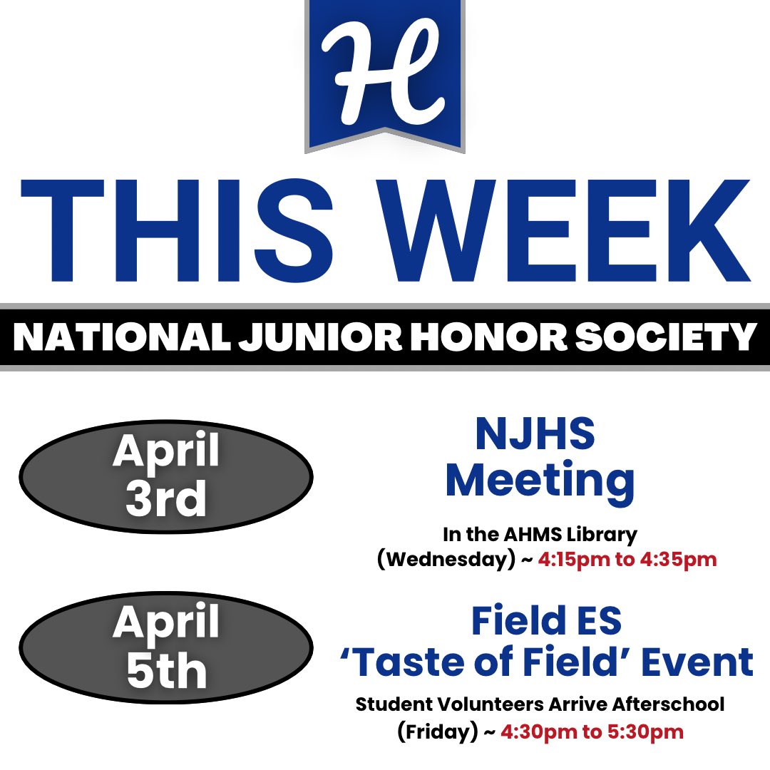 Hamilton Middle School NJHS (@hamiltonms_njhs) on Twitter photo Attention: Our Next Meeting will take place (4/03/2024) at 4:15pm.
🗓 Wednesday, April 3, 2024
⌚️ 4:15pm - 4:35pm
📍AHMS LIBRARY
⤵️Read Below⤵️
#HoustonISD #HamiltonMS #NJHS <a href="/petecarter3/">Erika Carter</a> <a href="/NatHonorSociety/">National Honor Society</a> <a href="/MrJohnsonHTX/">Ernest Johnson</a> <a href="/MrsAgnew18/">Coach A M.Ed</a> @HISDCentral <a href="/HamiltonMS1/">Alexander Hamilton MS HISD</a> @TeamHISD Attention: Our Next Meeting will take place (4/03/2024) at 4:15pm.
🗓 Wednesday, April 3, 2024
⌚️ 4:15pm - 4:35pm
📍AHMS LIBRARY
⤵️Read Below⤵️
#HoustonISD #HamiltonMS #NJHS <a href="/petecarter3/">Erika Carter</a> <a href="/NatHonorSociety/">National Honor Society</a> <a href="/MrJohnsonHTX/">Ernest Johnson</a> <a href="/MrsAgnew18/">Coach A M.Ed</a> @HISDCentral <a href="/HamiltonMS1/">Alexander Hamilton MS HISD</a> @TeamHISD