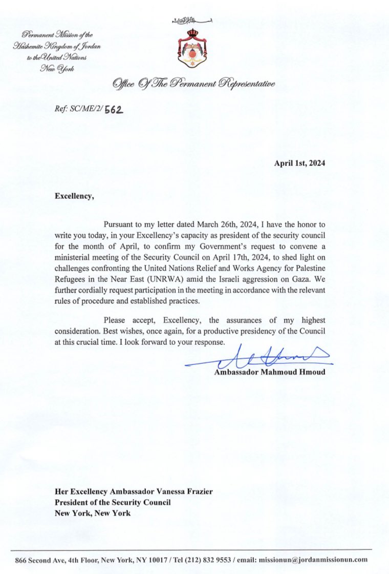 Yesterday @JordanUN_NY sent a letter to @_VanessaFrazier as #UNSC prez this month requesting a ministerial mtg re @UNRWA on 17 April. See letter here. ⤵️ #Gaza #UNRWA #Palestine