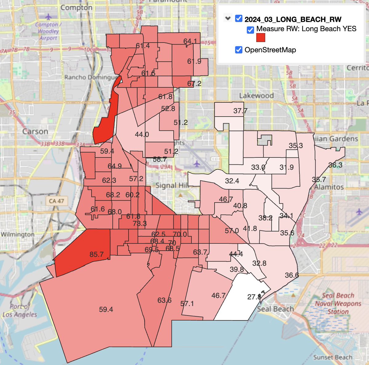 here's a map of Measure RW votes in Long Beach. there couldn't be a clearer divide between wealthier communities with historically high voter turnout and working class communities with historically low voter turnout. yet, we won! and that's on base building 🌊 @LBJustEconomy