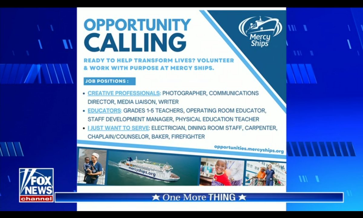 🚢⚕️  @DanaPerino wants everyone to check out the jobs on @MercyShips 

Paid and Volunteer jobs!!!