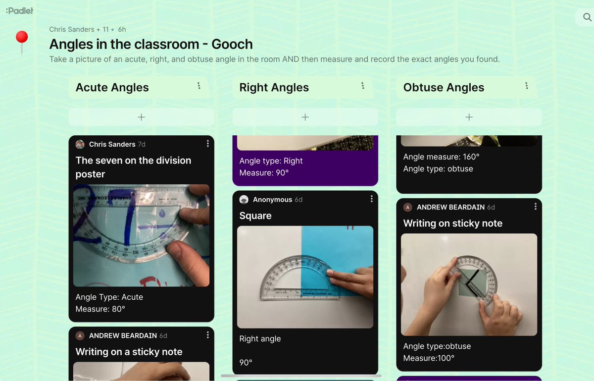 Mr. Sanders’ 4th grade mathematicians are using @padlet to collect pictures and measurements of angles in the real world. #applyit #wearelcp #thewestway