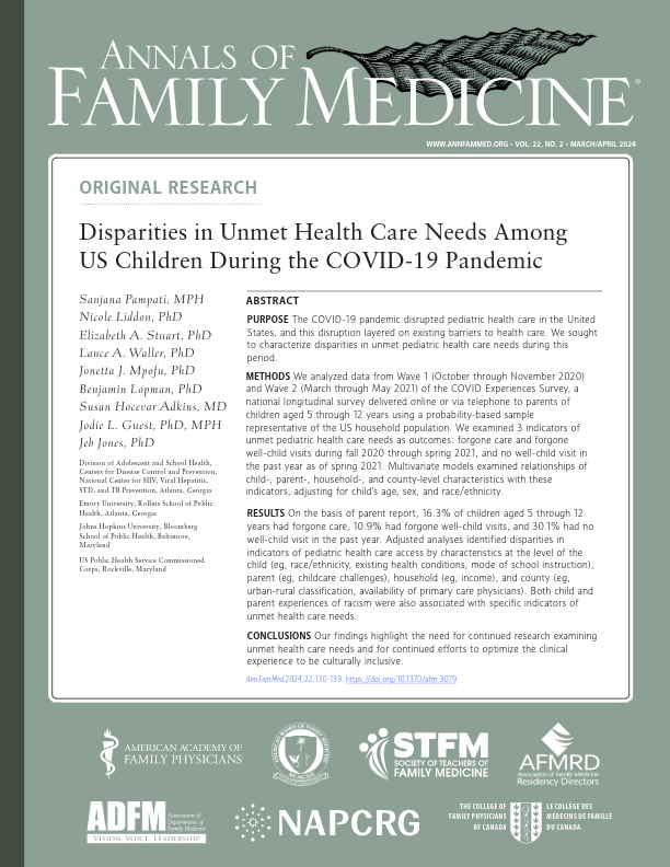 New study shows COVID-19 disrupted pediatric care: 16.3% of children aged 5-12 missed care, 10.9% had foregone well-child visits, 30.1% had no visit in >1yr. ➡️annfammed.org/content/22/2/1… @Lizstuartdc @JohnsHopkinsSPH @B_Lopman @Jlguest @jebjones_epi @CDCgov @EmoryRollins @usphscc