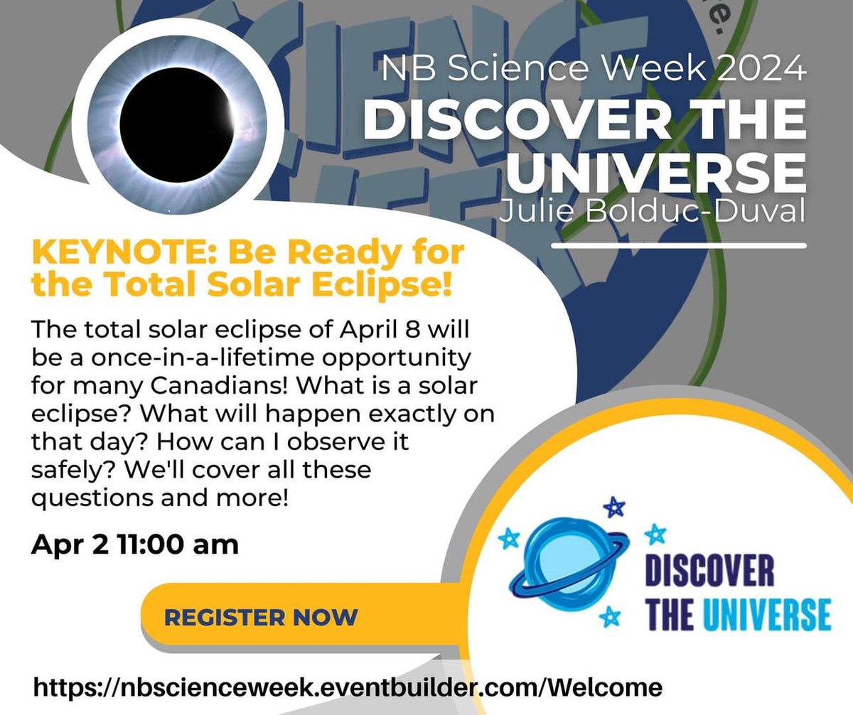 What an amazing start to our NB Science Week with over 400 classes in the province registered for our opening session “Be Ready For the Solar Eclipse” delivered by Julie Bolduc-Duval from Discover the Universe. 260+ classes joined us live & many more have viewed the recording.