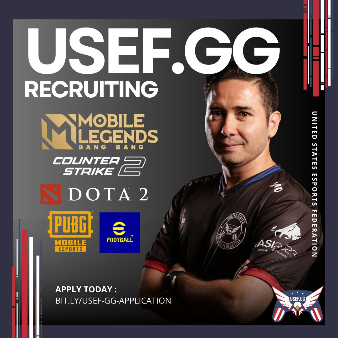 Rise to the challenge – Represent the U.S. on the world stage! We are looking for esports professionals to represent USEF-GG at IESF #WEC24!

Recruiting For:
⭐️ CS2
⭐️ Dota2
⭐️ eFootball
⭐️ Mobile Legends: Bang Bang
⭐️ PUBG MOBILE