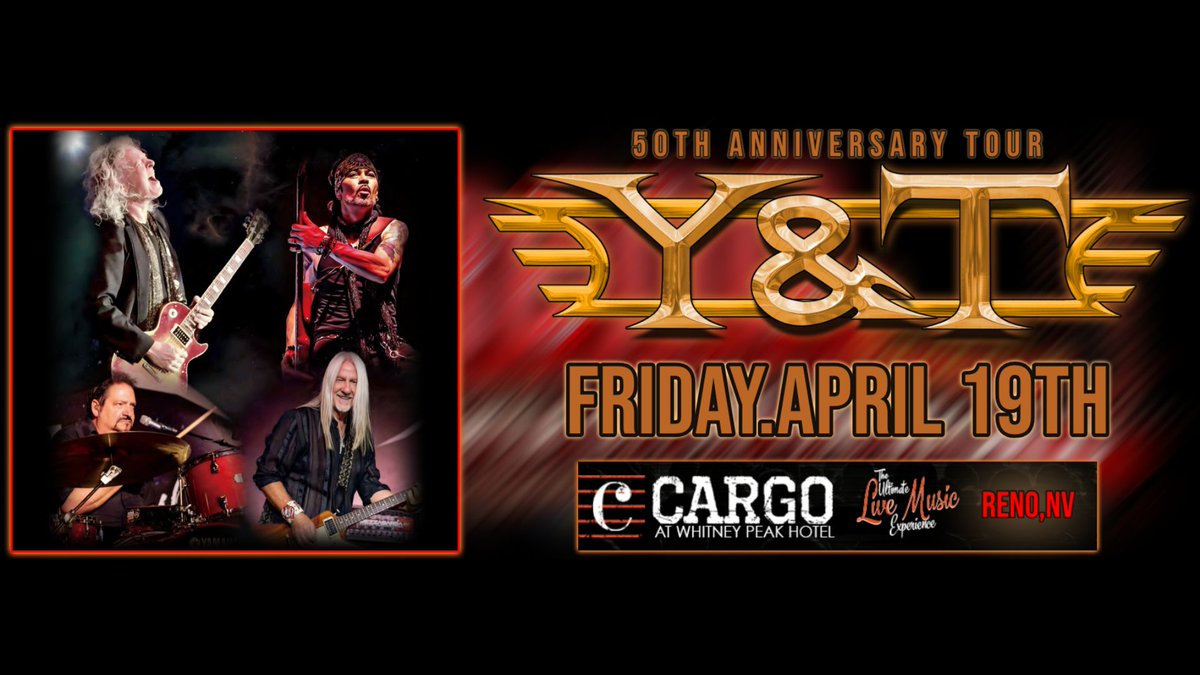Y&T's 50th ANNIVERSARY TOUR is coming to Reno, NV FRIDAY, APRIL 19TH. GET YOUR TICKETS NOW! 👇👇👇👇👇👇👇👇👇👇 yandtrocks.com/tour/