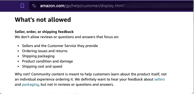 whoa, when did <a href="/amazon/">Amazon</a> start leaning into the corruption?... Yea, we'll let sellers run rampant with bots and review hijacking, but don't open your mouth as a customer if you get screwed by one of our them. 

Aren't sellers part of "Community"??

#Amazon #ecommerce #shoponline