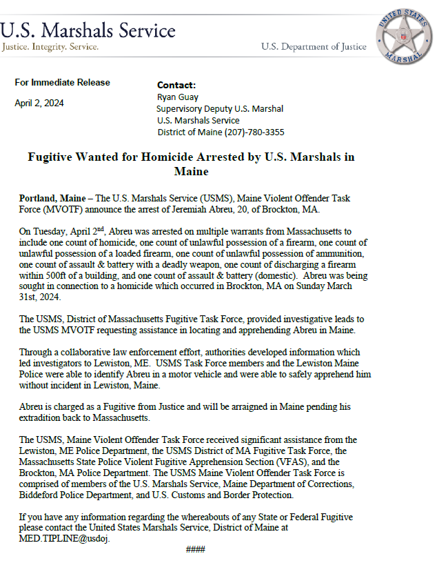 USMSPortlandME's tweet photo. The U.S. Marshals Service (USMS), Maine Violent Offender Task Force (MVOTF) announce the arrest of Jeremiah Abreu, 20, of Brockton, MA in Lewiston, Maine. Don't forget to follow us for future arrests and information. https://t.co/5qcPgdQi67