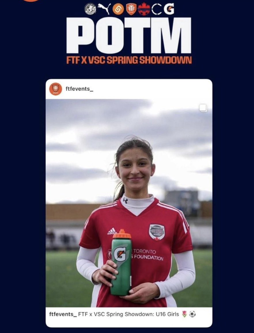 Player of the match at @FTFCanada__ last weekend! 

@ImCollegeSoccer @TheSoccerWire @NT_SoccerClub @SoccerMomInt @TopDrawerSoccer #SoccerShowcase  #POTM #ontariosoccer #gatorade