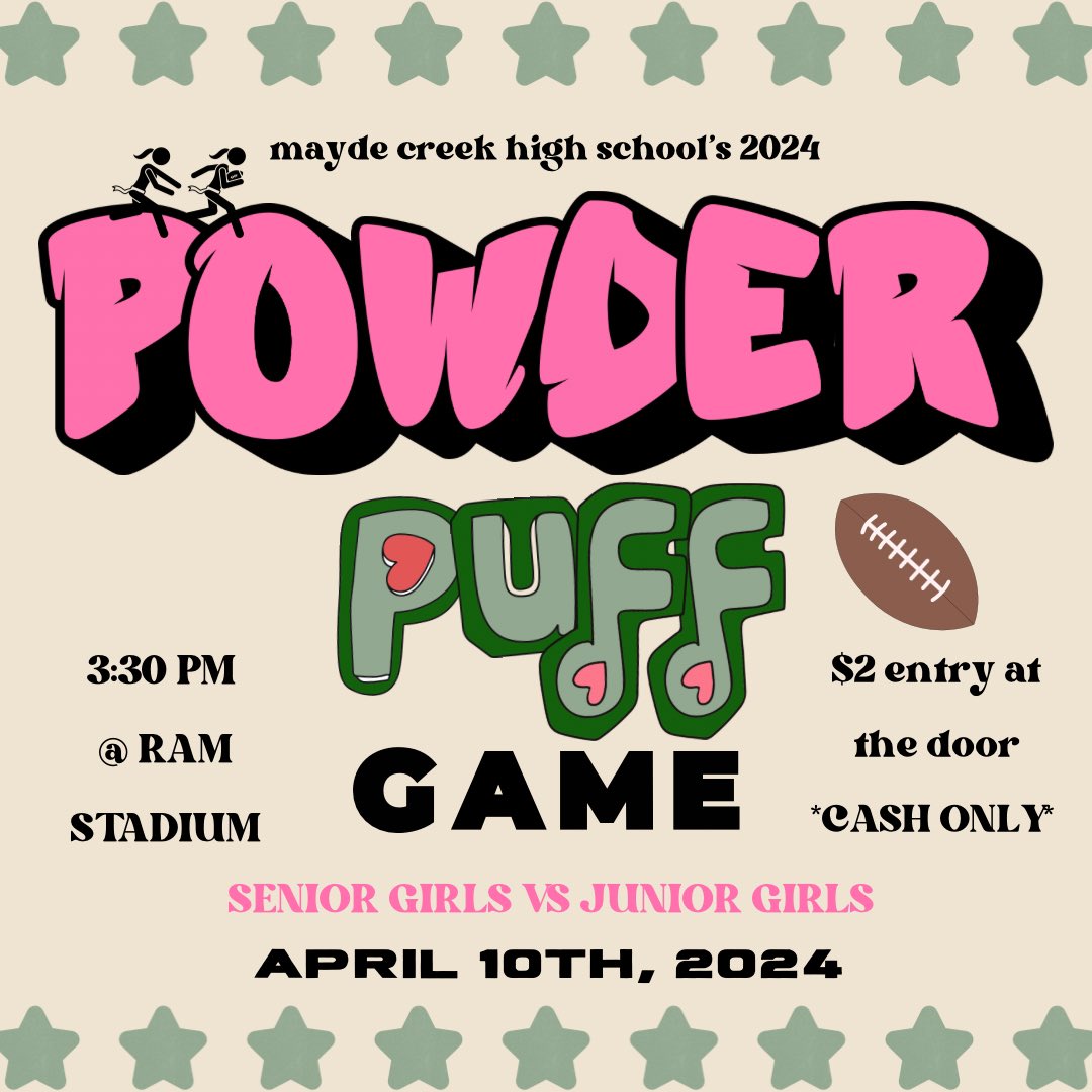 the senior VS junior girls powderpuff game will be held at RAM STADIUM, APRIL 10TH, 2024!! you DONT want to miss this CO ‘24 vs CO ‘25 battle. starting at 3:30pm, there will be a $2 entry fee at the door. WE CANT WAIT! 🏃‍♀️🏈🎀🐏 @MCHS_Rams #rpnd