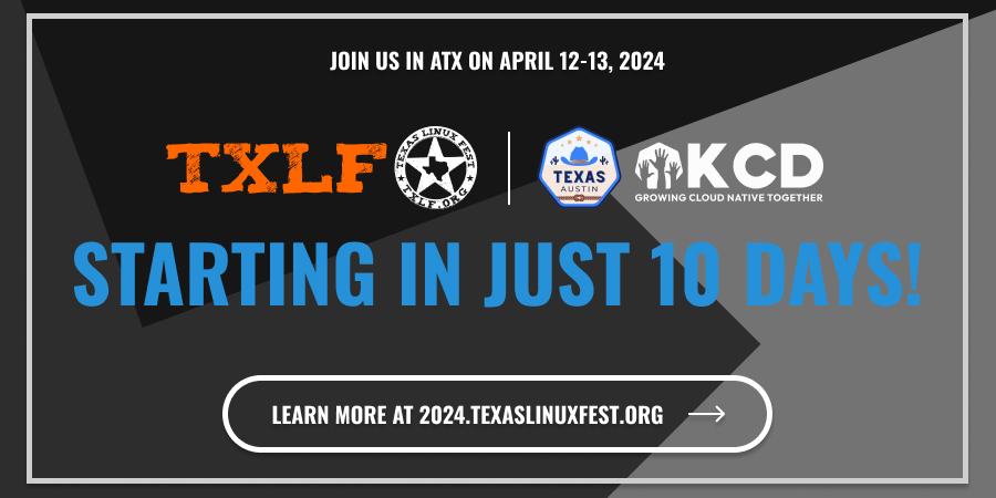Join us at #TXLF and @KCDTexas on April 12-13 Check out the schedule and purchase your ticket to join fellow open-source enthusiasts at the Palmer Events Center in Austin, TX! 2024.texaslinuxfest.org