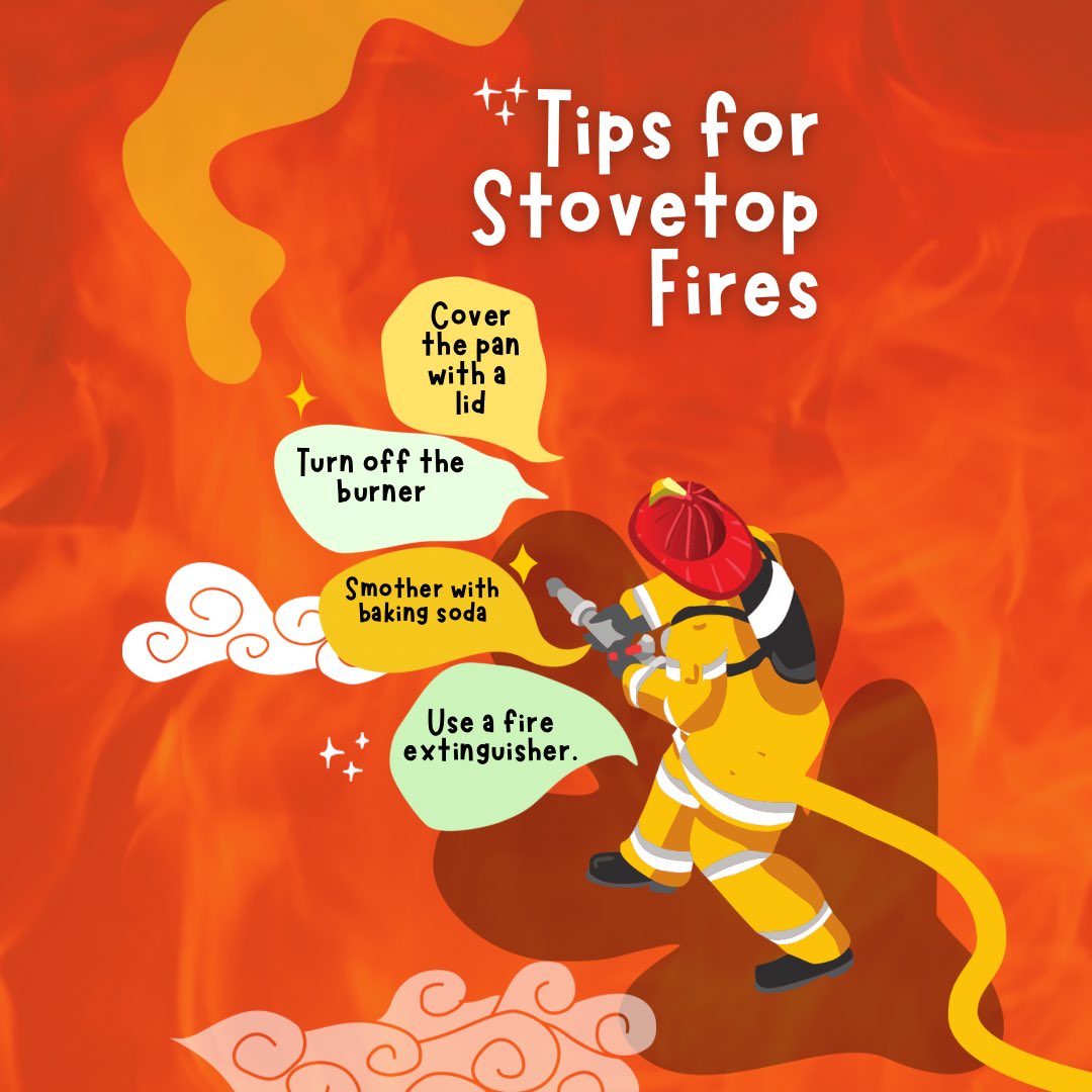 Avoid letting a cooking mishap spiral out of control! 🔥 Follow these simple stovetop fire tips: Put a lid on it to smother the flames 🍲, turn off the burner 🔥🛑, smother with baking soda if a lid isn’t available 🧂, or use a fire extinguisher 🧯. Stay safe and cook smart!