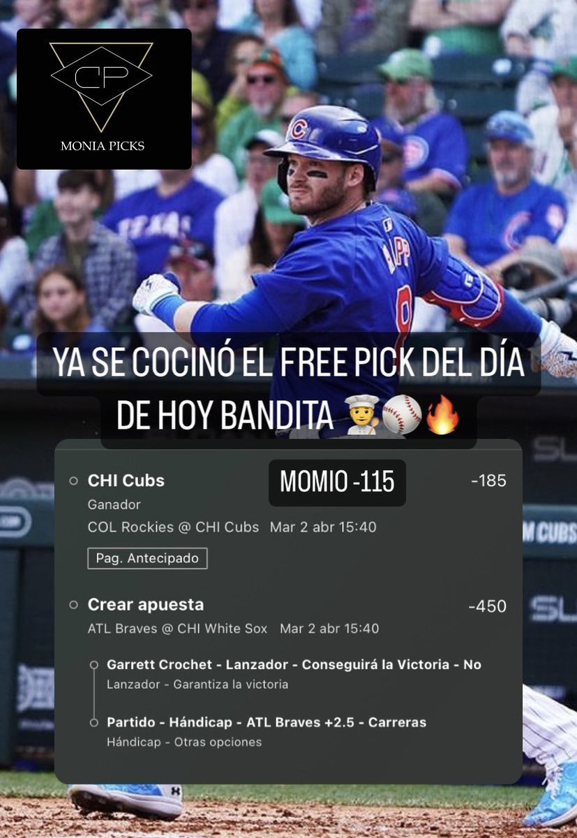 YA SE COCINÓ EL FREE PICK DEL DÍA DE HOY BANDITA 👨‍🍳⚾️🔥

Y vamos a repetir con la MLB, así que vamos con este parlaysito doble con un momio de -115, mucha suerte a todos en sus apuestas 🍀💰

GRUPO GRATUITO DE APUESTAS: t.me/moniapicks