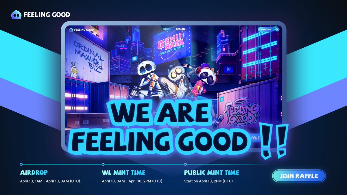 ShizzyOfficialX's tweet image. We are super excited about the upcoming 'FEELING GOOD' by GeniiData, their premier 10K PFP NFT collection. Make sure to keep track of all the details for this FREE mint! 

🔗 Visit fgclub.io
💎 Mint FREE | Win WL Spot in Raffle | Fair Public Mint for All 🎉
💖…