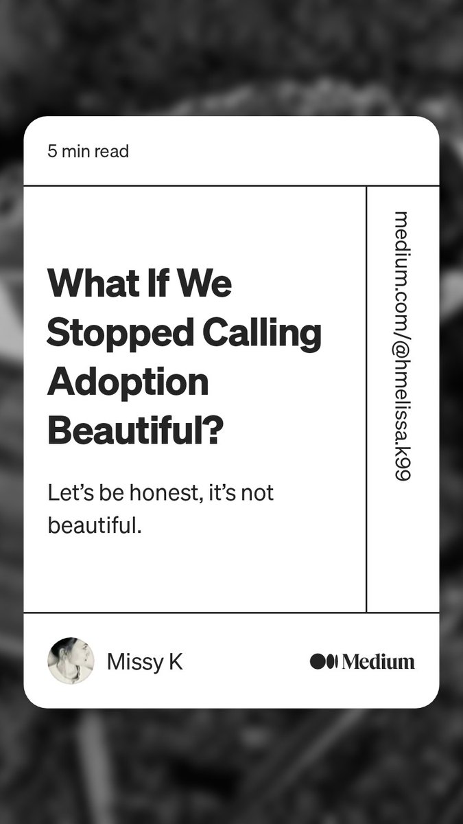 #adoption #adoptee #adopteevoices #adopteerights #adopteenarrative #adultadoptee #listentoadoptees #adopteestories #adoptionawareness #adoptiontrauma #adoptionisloss #adopteeadvocate

Read this article from Missy K on @Medium:

medium.com/adoptere/what-…