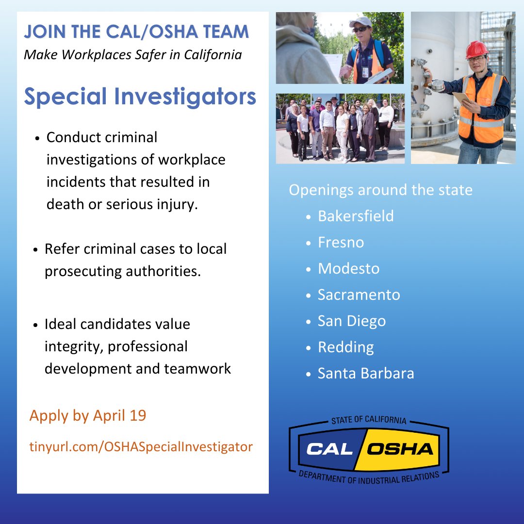 Join the Cal/OSHA team as a Special Investigator. Be part of the process that corrects unsafe conditions that resulted in the death or serious injury of workers. This is an excellent career for those who studied #criminaljustice tinyurl.com/OSHASpecialInv… #hiring #californiajobs