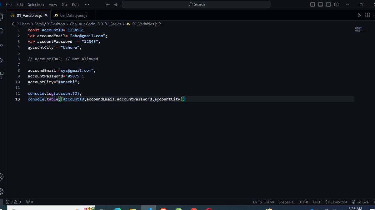 SyntaxSam405's tweet image. Update on Day 14 :
I bundled up HTML and CSS and began learning JavaScript from Sir @Hiteshdotcom. The tutorials are very concise and easy to understand. 
Learned some basics :
- Variables ( const,var and let )
- Datatypes ( Primitive/Non-Primitive )

#javascript 
#100DaysOfCode