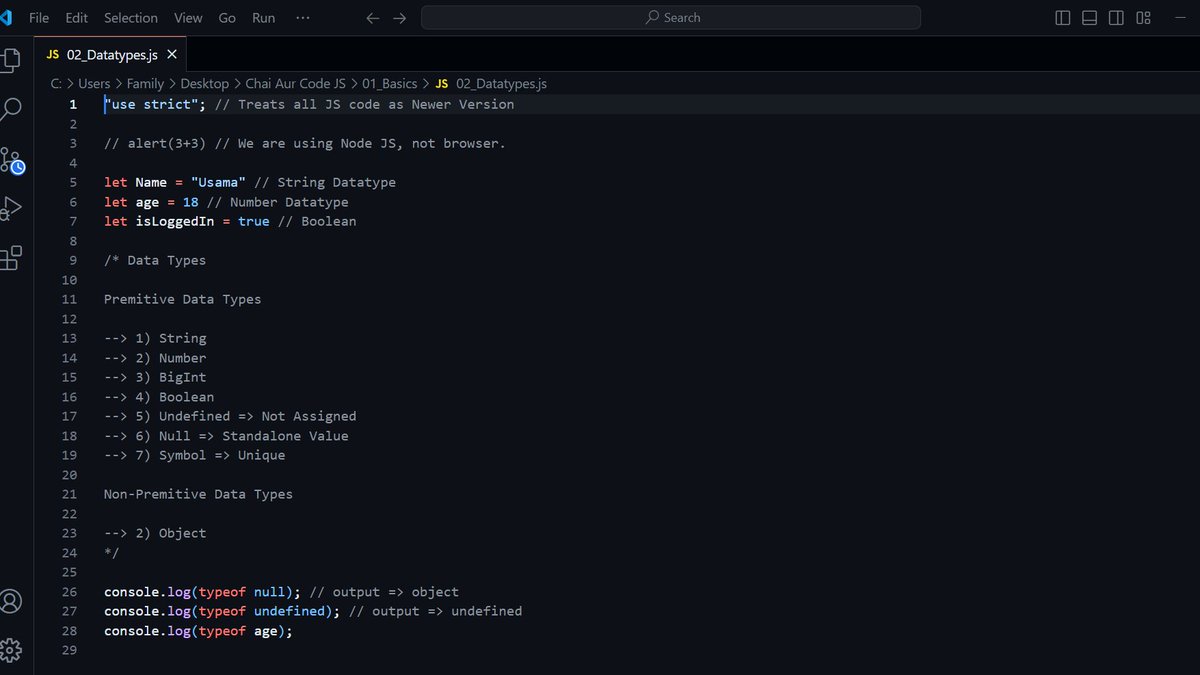 SyntaxSam405's tweet image. Update on Day 14 :
I bundled up HTML and CSS and began learning JavaScript from Sir @Hiteshdotcom. The tutorials are very concise and easy to understand. 
Learned some basics :
- Variables ( const,var and let )
- Datatypes ( Primitive/Non-Primitive )

#javascript 
#100DaysOfCode