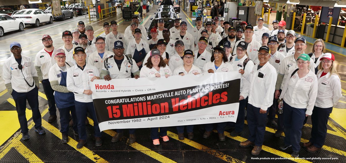 Congratulations to our Marysville Auto Plant associates on today's impressive #manufacturing milestone of 15 MILLION vehicles!🚗 Marysville, #Ohio has been home to Honda auto production since 1982, and will be the first Honda plant in North America to build EVs. #MadeinAmerica