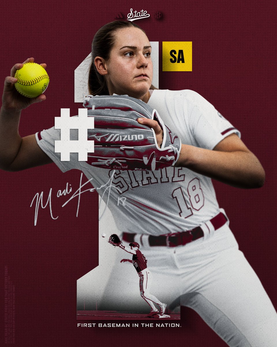 It's official! March is all about the 𝗠𝗮𝗱𝗶-ness! Madisyn Kennedy has been tabbed the No. 1⃣ first baseman in the nation by @SoftbalAmerica for the month of March! 📰 hailst.at/4aiVpRA #HailState🐶