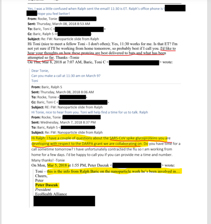 the very first goddamn email: daszak says baric is working on nanoparticles, and baric is asked about sars glycoproteins he's making for a DARPA grant and they're trying to get them into bats from march 2018