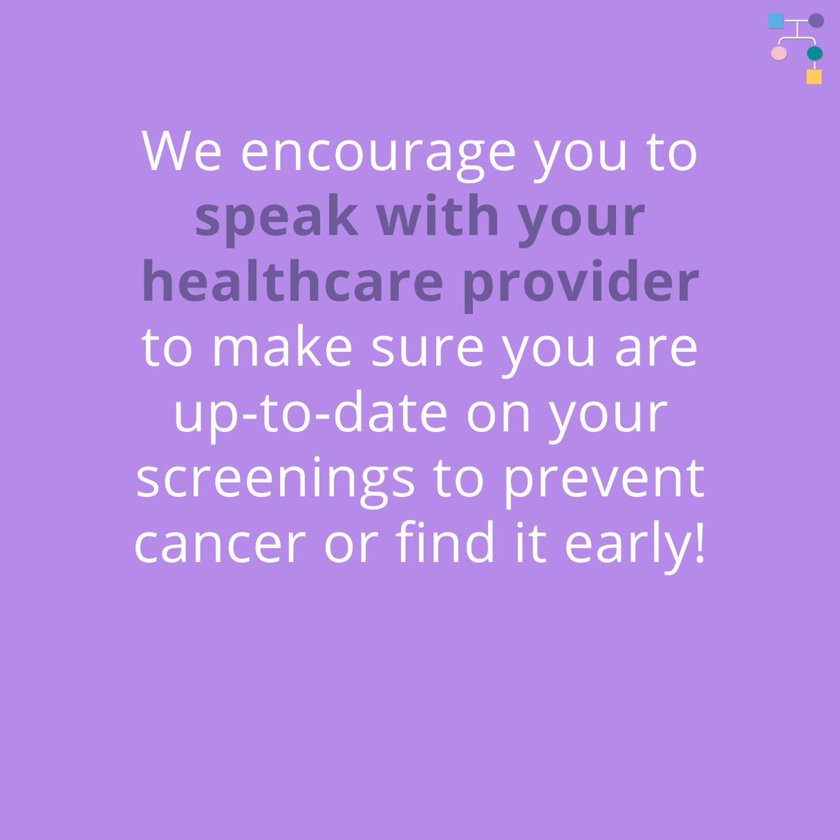 In recognition of #NationalCancerControlMonth, we encourage you to speak with your healthcare provider to make sure you are up-to-date on your #cancer #screenings to #preventcancer or find it early. Help spread awareness by sharing this post with friends and family!