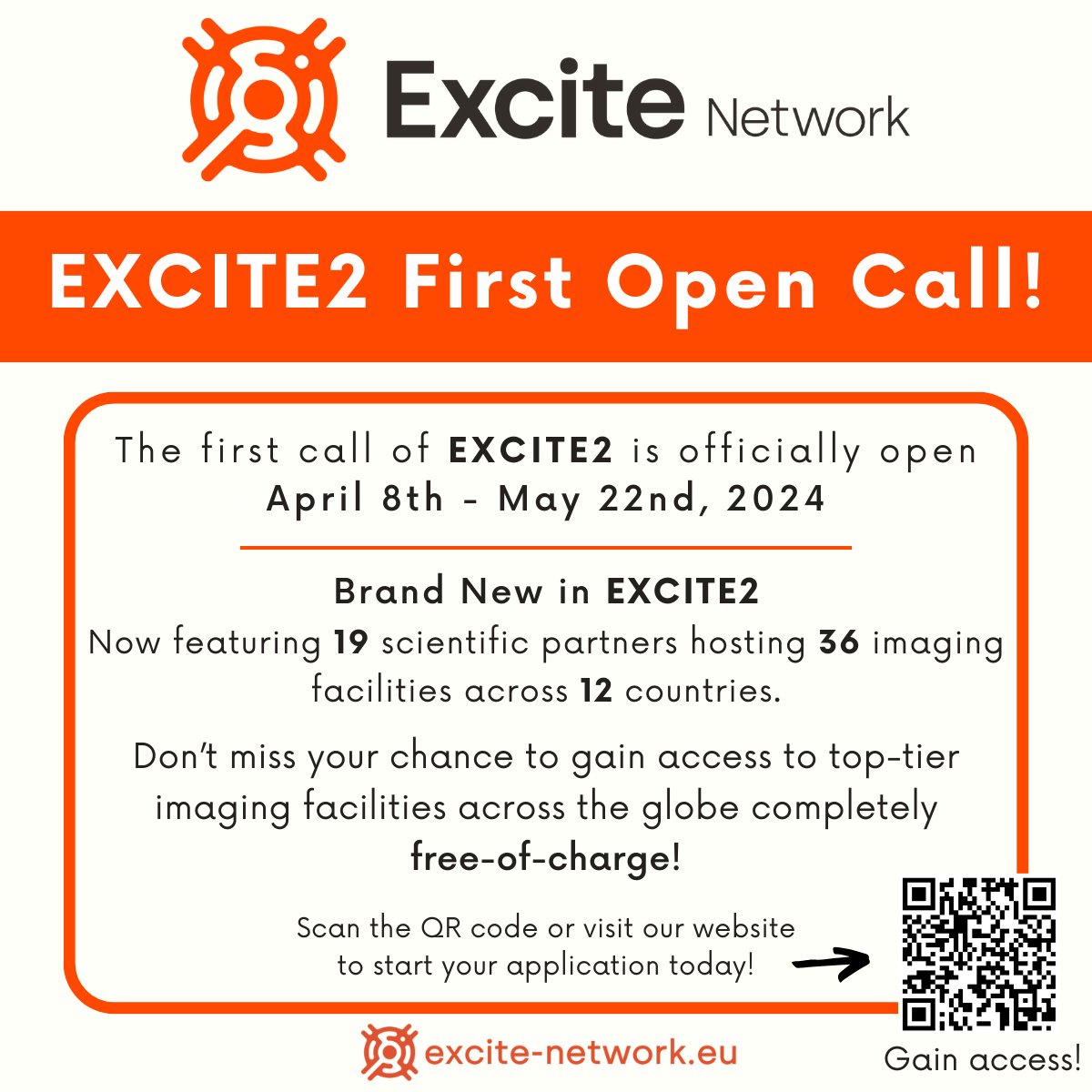 EXCITE2 (@excite_network) on Twitter photo 📢NEW OPEN CALL📢We are thrilled to announce that the first call in #EXCITE2 for free-of-charge transnational access to 36 world-class imaging facilities is officially open!
📆Deadline May 22, 2024 @ 23:59 CEST
🔗To learn more & apply, visit: excite-network.eu/excite-transna…
<a href="/HorizonEU/">Horizon Europe 🇪🇺</a> 📢NEW OPEN CALL📢We are thrilled to announce that the first call in #EXCITE2 for free-of-charge transnational access to 36 world-class imaging facilities is officially open!
📆Deadline May 22, 2024 @ 23:59 CEST
🔗To learn more & apply, visit: excite-network.eu/excite-transna…
<a href="/HorizonEU/">Horizon Europe 🇪🇺</a>