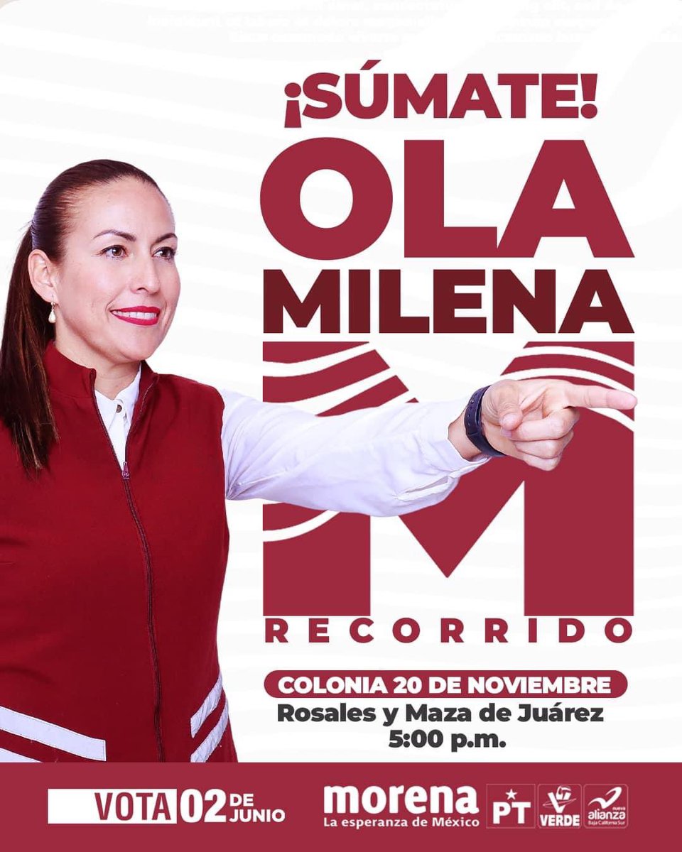 Nos vemos hoy en el recorrido de la #OlaMilena por la colonia 20 de Noviembre. ¡Súmate! #MásParaLaPaz