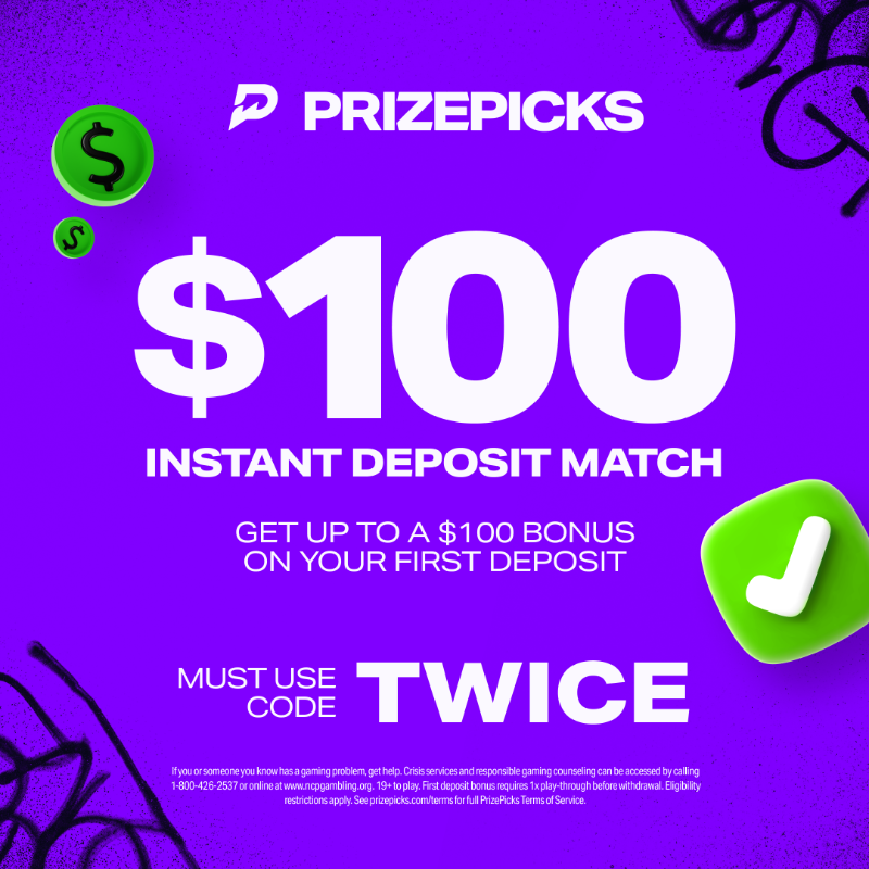 PrizePicks's tweet photo. NEW USER OFFER: Double your cash!

We'll match your first deposit up to $100.

Must Use Code: TWICE
