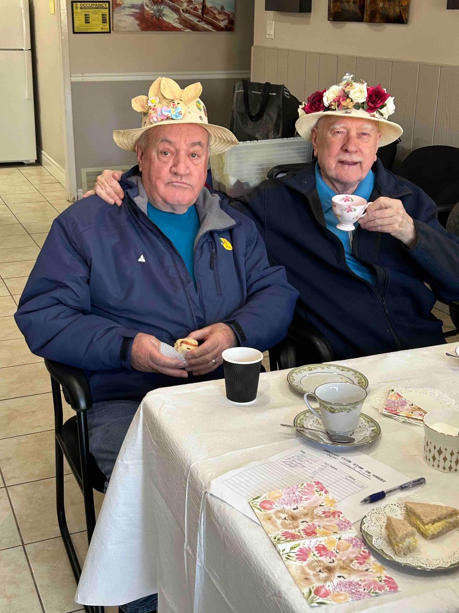 PHCHF's tweet image. Seniors at By-de-Molen Co-op, Brampton enjoying high tea arranged by the co-ops Senior Committee. #FancyHats #FineChina #Flowers #TeaSandwiches #Treats #EasterBunny #Community