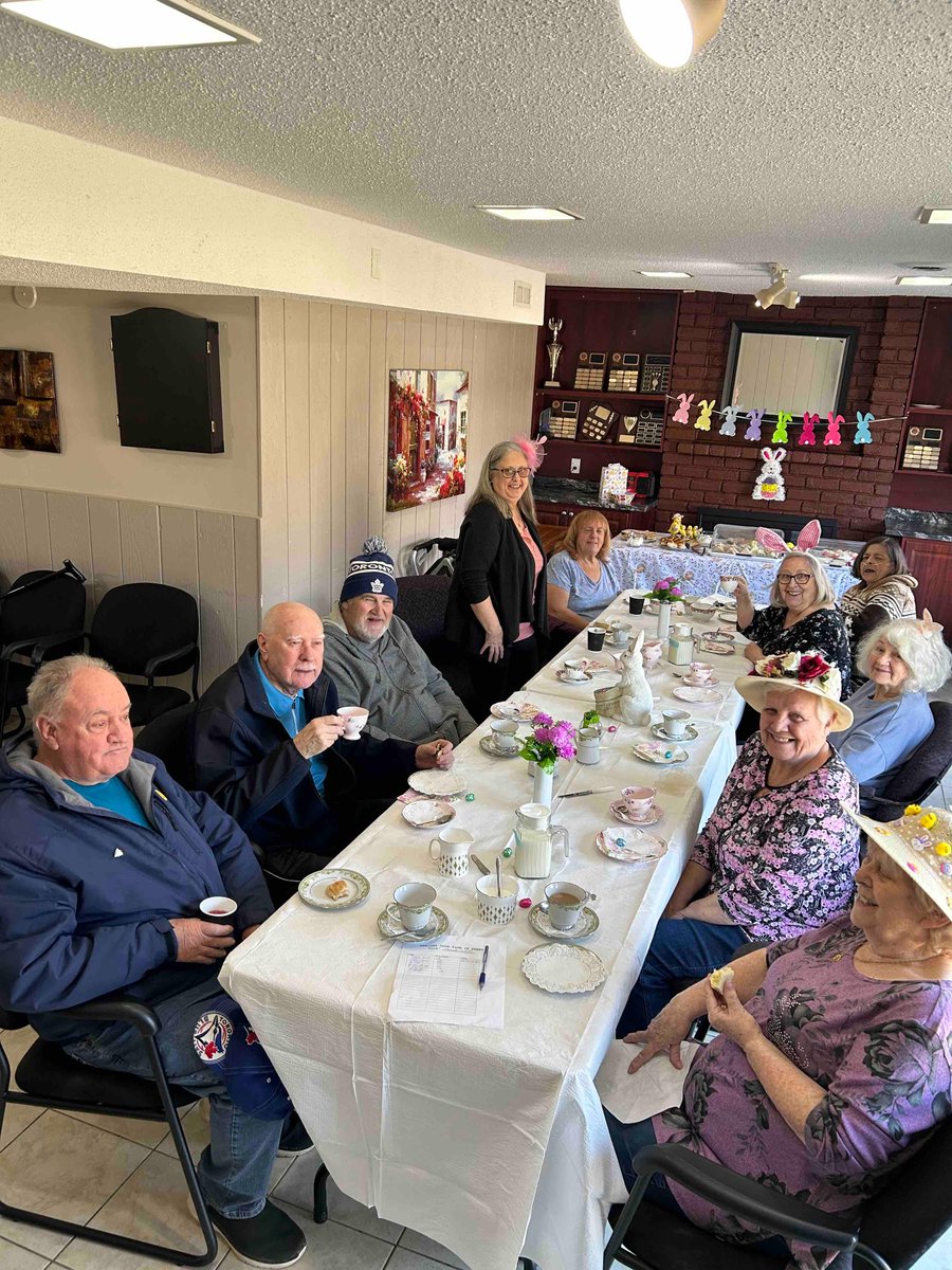 PHCHF's tweet image. Seniors at By-de-Molen Co-op, Brampton enjoying high tea arranged by the co-ops Senior Committee. #FancyHats #FineChina #Flowers #TeaSandwiches #Treats #EasterBunny #Community
