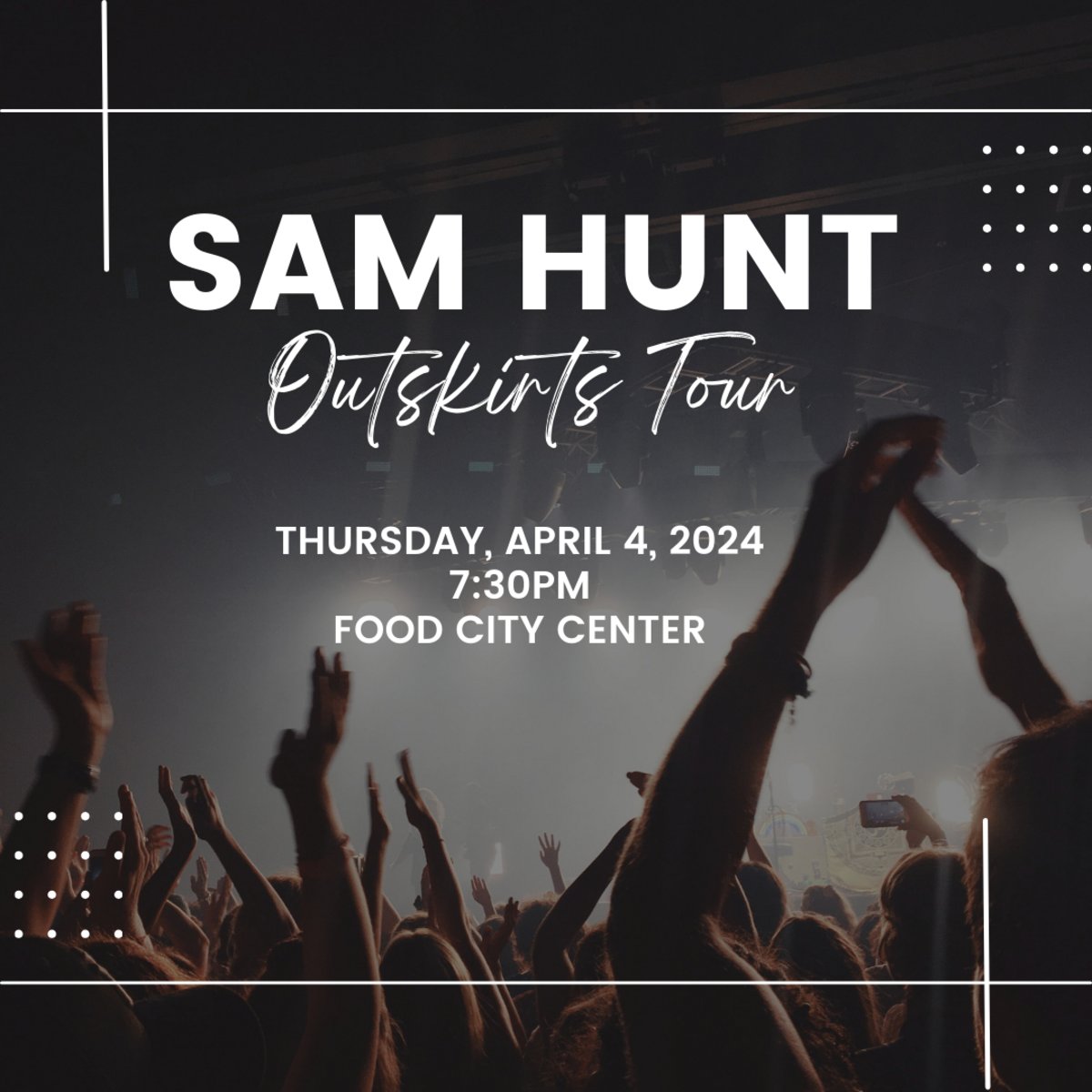 Any plans for this Thursday night? Grab tickets for the #SamHunt: Outskirts Tour at bit.ly/3Vxtkk, coming to #FoodCityCenter on April 4th at 7:30pm. Book rooms with us to kick the weekend off right in #Knoxville!