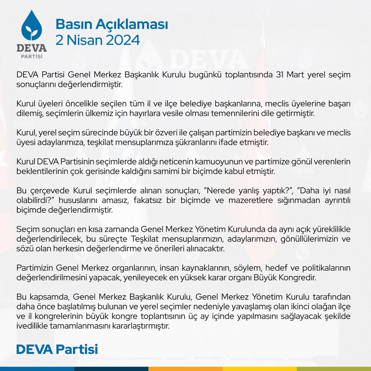DEVA’da GMBK toplandı DEVA Partisi Genel Merkez Başkanlık Kurulu, Genel Başkan Ali Babacan başkanlığında 31 Mart Yerel Seçim sonuçlarını değerlendirmek üzere partinin Ankara'daki genel merkezinde toplandı. 15.00’de başlayan toplantı, 00.30’da sona erdi. Gerçekleştirilen…