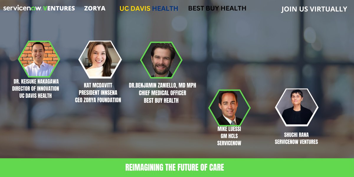 📣 Here we go again! This time with experts rethinking the #futureofcare with #healthequity and #access as top of mind.

With my faves @katmcdavitt, Dr Ben Zaniello, @KeisukeNakagawa and @MikeLuessi! 

@ServiceNow @UCDavisHealth @bestbuy Health 

Join us: lnkd.in/gAEVgG-7