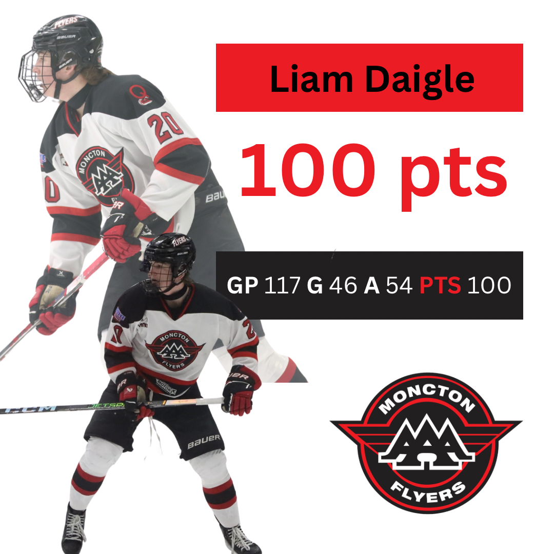 Congratulations to our #20, Liam Daigle, for reaching 100 points as a Moncton Flyers during our series against Northern Moose.

Congrats Daigle! Keep ‘em coming!

#MonctonFlyers #CareerMilestones #NBPEIMU18HL #NBProud