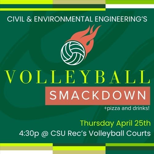 Ready? Set...Spike! 🏐 The Annual CEE Volleyball Smackdown is here! Form your team of up to 6 CEE students or faculty or just show up to join a team! Join us Thursday, April 25 @ 4:30p at CSU Rec's Volleyball Courts. Sign your team up today! docs.google.com/forms/d/e/1FAI…