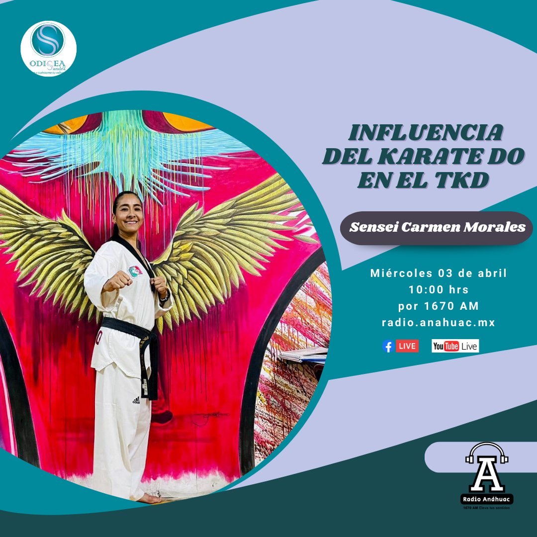 RadioAnahuacAM's tweet image. #Transmisión ¿Cuál es la influencia del #KarateDo en el #TaeKwanDo? este #miércoles hablaremos de esto con la Sensei Carmen Morales. ¡Acompáñanos!
🕔 10:00 hrs por:
💻 radio.anahuac.mx
🔵 Facebook bit.ly/3Ri6Rnj
🔴 YouTube bit.ly/3yRSXBh