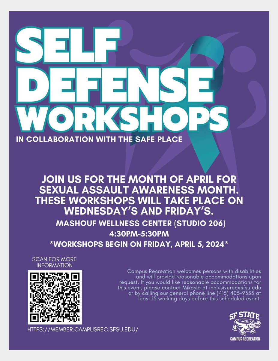 It is Sexual Assault Awareness Month. The SAFE Place will kick-off a Resource Fair on April 3, 11a–2p in the Cesar Chavez Center Lobby. Also, there is a Self-Defense Workshop that will begin this Friday, April 5, 4:30p-5:30p and will be held at the Mashouf Wellness Center.