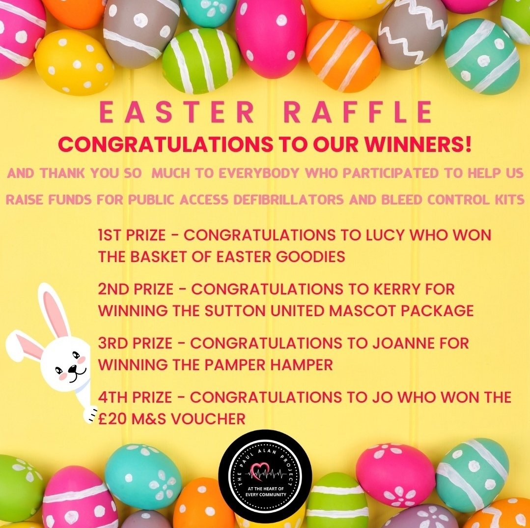 Thank you so much for your support in taking part in our fundraiser to help us supply more public access defibrillators & bleed control kits within the community. We raised £290 in our Easter raffle! Congratulations to our winners!