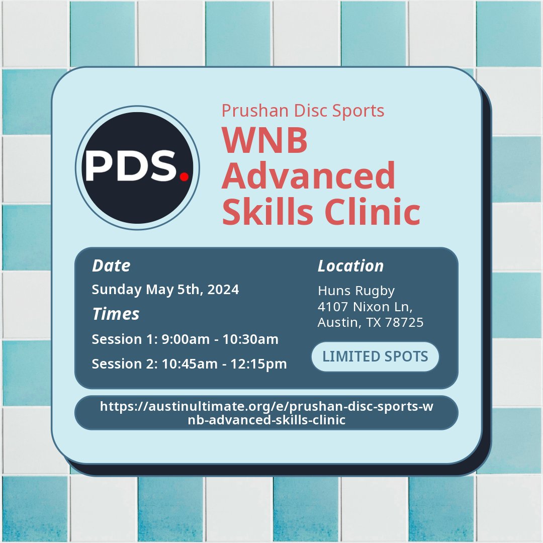 AustinUltimate's tweet photo. Registration is now open for the WNB Advanced Skills Clinic with @PrushanDS The clinic is 90 min, $20, and capped at 15 athletes in each session. We are taking requests for skills participants would like to work on. If there is enough interest additional clinics will be added! https://t.co/RkZFFD2Knk