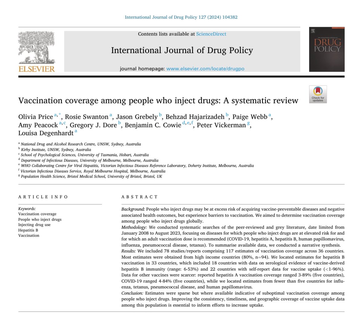 “Vaccination coverage among people who inject drugs: A systematic review” by Olivia Price et al (2024) via @ijdrugpolicy…great review article published in our latest issue! Link: sciencedirect.com/science/articl… #Vaccination #DrugPolicy