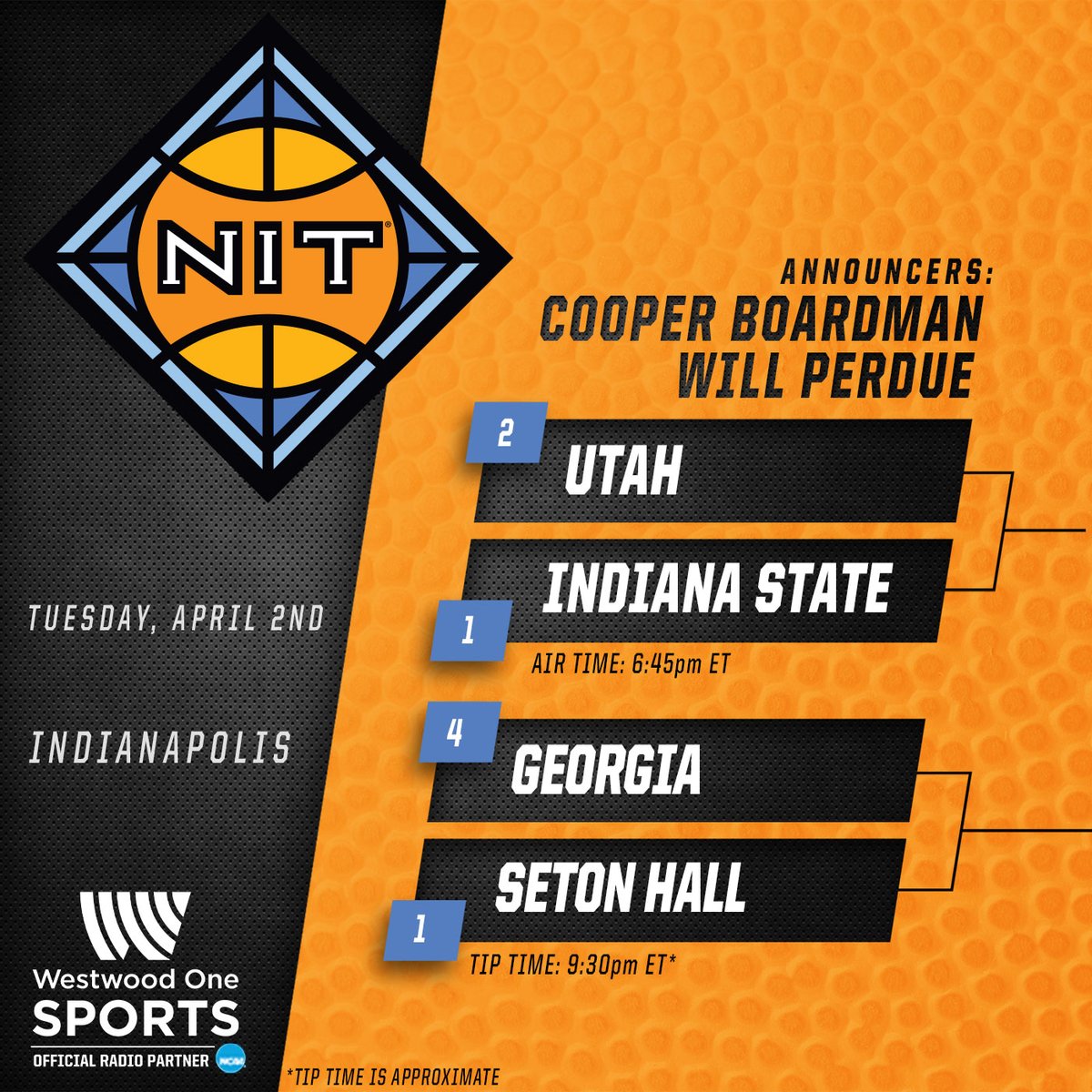 NIT semifinals are off and running! 🏀: @UtahMBB vs. @IndStBasketball; @UGABasketball vs. @SetonHallMBB 🗣️: @cooperkboardman & @Will_Perdue32 📻: Affiliates 🖥️: WestwoodOneSports.com/NCAAPlayer 📱: @Varsity and @tunein 📡: @SXMCollege Ch 84 🔊: 'Alexa, open Westwood One Sports!'