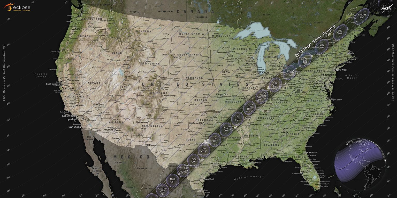 A map of North America zoomed in and highlighting the United States. A thick, gray line representing the eclipse's trajectory crosses over the map diagonally from Texas in the southwest to Maine in the northeast. Thinner lines representing percentage of eclipse coverage cross the map parallel to the thick line of totality. An outline of a globe with the highlighted eclipse trajectory is in the bottom right corner of the image. Credit: NASA