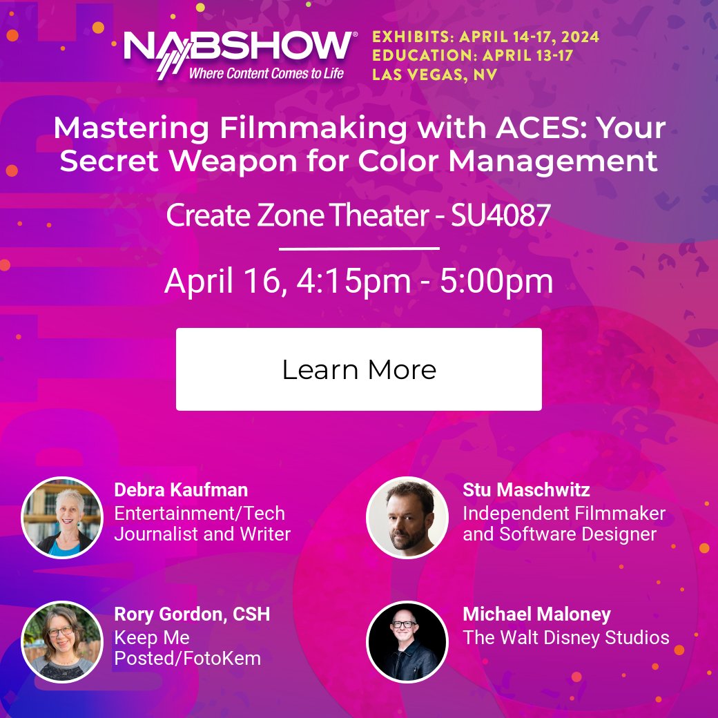 Happening at @NABShow; The @AcademyACES panel on 'Mastering Filmmaking with ACES: Your Secret Weapon for Color Management' Join working filmmakers to hear their experiences with ACES, and how it supports both workflows and creativity. nab24.mapyourshow.com/8_0/sessions/s…