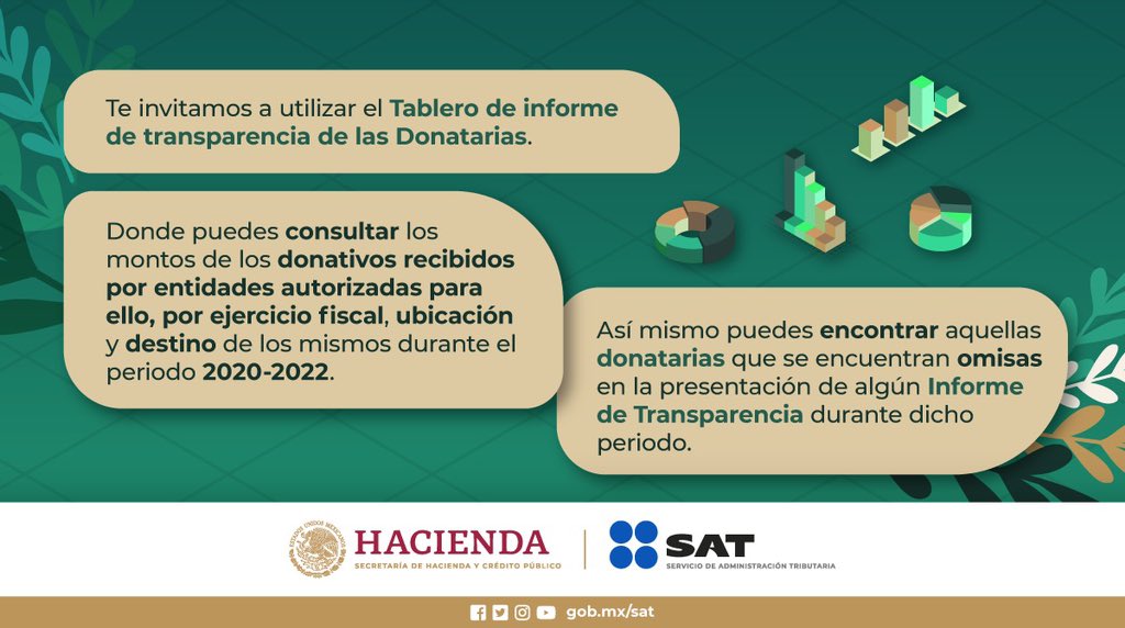 Utiliza el Tablero de informe de transparencia de Donatarias. Para más información, visita el minisitio de Donatarias Autorizadas en omawww.sat.gob.mx/donatariasauto…