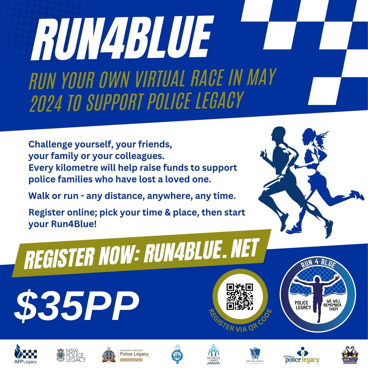 Run4Blue is on again this May - run your own virtual race to support VPL.
Every km will help raise funds to support police families who have lost a loved one. Register now at run4blue.net and select ‘Victoria Police Legacy’ as your charity of choice 🙏💙 #Run4Blue2024
