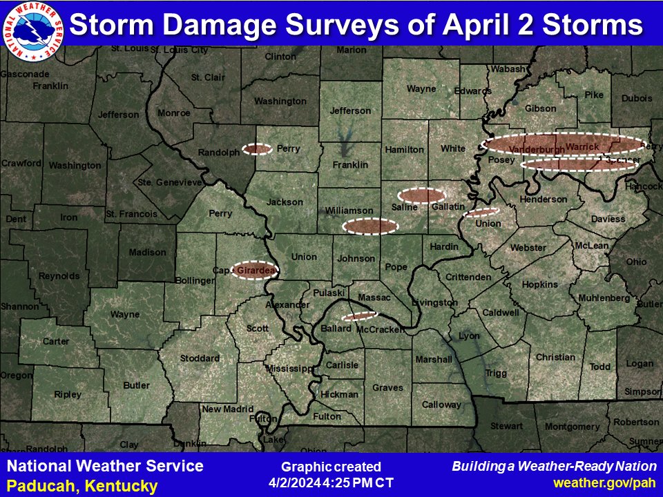 NWSPaducah's tweet photo. We have a lot of areas of storm damage to investigate. It will likely take a few days to reach all the locations impacted. Here is a preliminary map of areas we're looking to investigate based on damage reports we've gotten. https://t.co/d0gT09WnGR