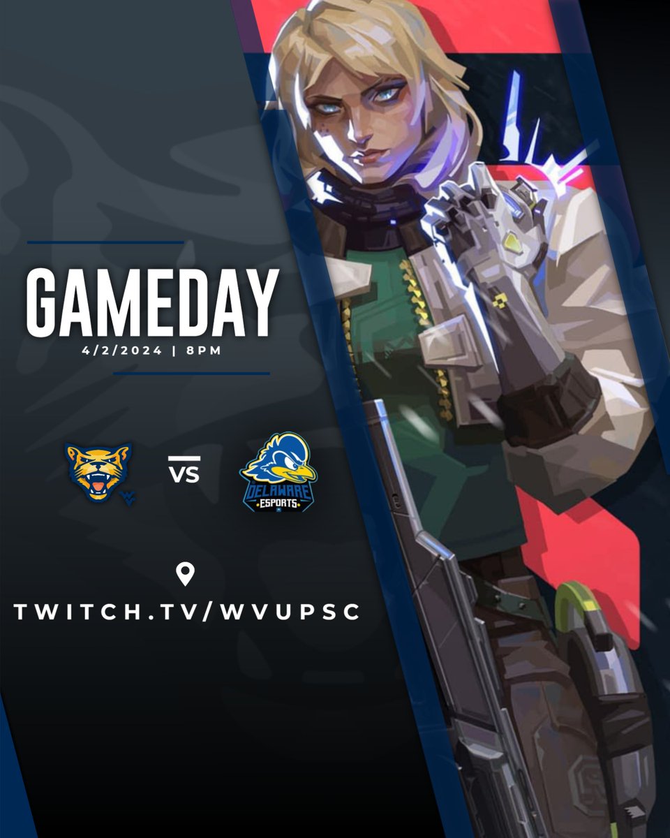 WVUPSCEsports's tweet photo. Valorant ECAC playoffs begin with round 2 tonight at 8!
🆚University of Deleware
🎮Valorant
🕗8:00 PM
📺https://t.co/NLPoWyhUkQ https://t.co/ERgixqStqG