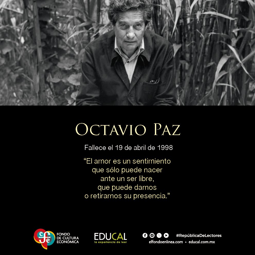 Recordamos a #OctavioPaz, escritor mexicano, quien muere un día como hoy de 1998, considerado como uno de los máximo representante de las letras mexicanas.

#RepúblicaDeLectores #LeerTransforma