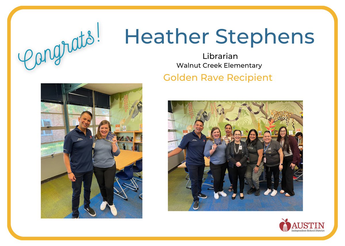 A Superintendent Golden Rave filled with fun surprises & #AISDjoy 🌟 Congrats to Heather Stephens at Walnut Creek ES and Happy School Librarian Appreciation Week to all our remarkable @AustinISD Librarians! 📚