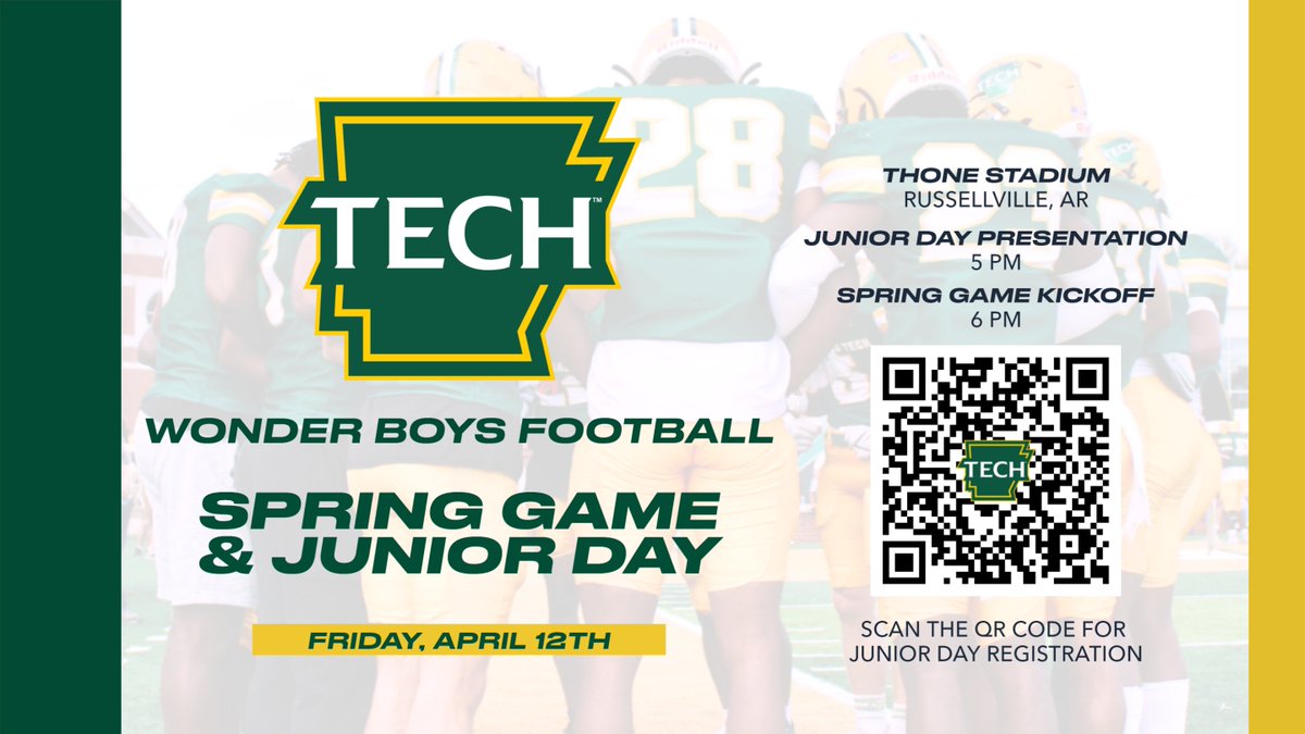 ‼️ Friday Night Lights ‼️ Come and support your Wonder Boys in our Spring Game! We will be collecting canned food donations to support Arkansas River Valley Food for Kids! 2025 grads, scan the QR code or visit forms.gle/QSVi4WjTVC3tFu… for Junior Day registration! #LinkItUp🔗